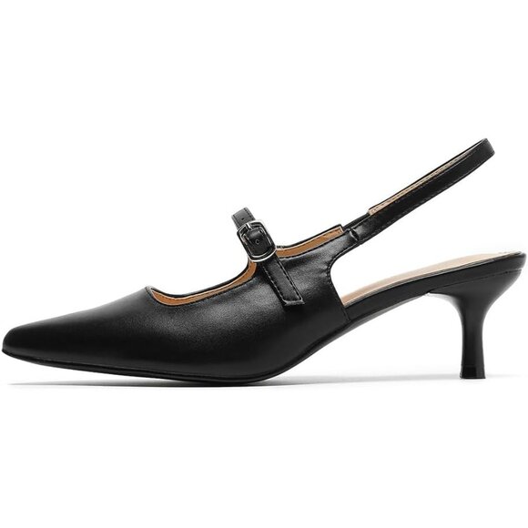 Amoji Women's Black Closed Pointed Toe Kitten Slingback Low Heel Pumps For Party - Picture 2 of 8
